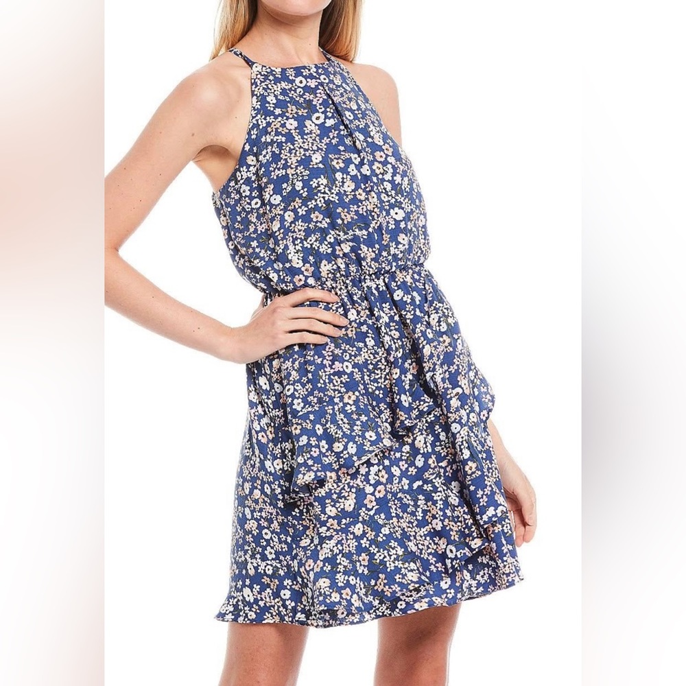Women’s High Neck Halter Ditsy Blue Floral Midi Flounce Hem Dress Size Small